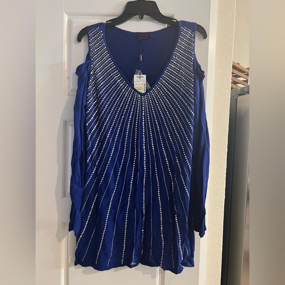 Blue peep shoulder long sleeve top with diamond stones